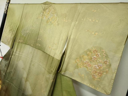 平和屋着物●訪問着　手描き　駒刺繍　雲取り草花文　暈し染め　金銀彩　正絹　逸品　未使用　DABD9960ud