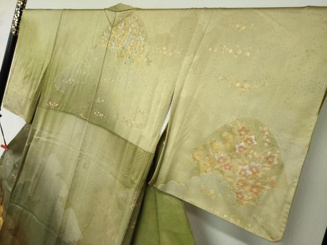 平和屋着物●訪問着　手描き　駒刺繍　雲取り草花文　暈し染め　金銀彩　正絹　逸品　未使用　DABD9960ud