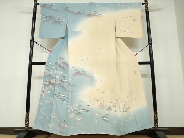 平和屋着物●訪問着　友禅　作家物　三井寺　人物風景草花文　暈し染め　鬼しぼ縮緬　正絹　逸品　DABD9965ud