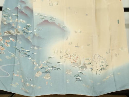 平和屋着物●訪問着　友禅　作家物　三井寺　人物風景草花文　暈し染め　鬼しぼ縮緬　正絹　逸品　DABD9965ud