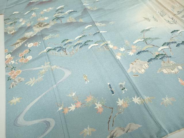 平和屋着物●訪問着　友禅　作家物　三井寺　人物風景草花文　暈し染め　鬼しぼ縮緬　正絹　逸品　DABD9965ud