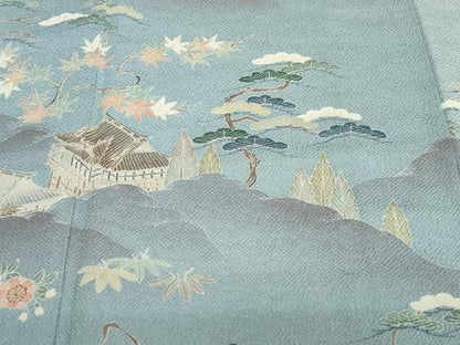 平和屋着物●訪問着　友禅　作家物　三井寺　人物風景草花文　暈し染め　鬼しぼ縮緬　正絹　逸品　DABD9965ud