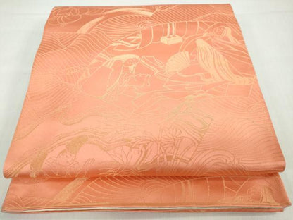 平和屋着物◎両面全通柄袋帯　地紙重ね人物文　金糸　正絹　逸品　DABD9987ud