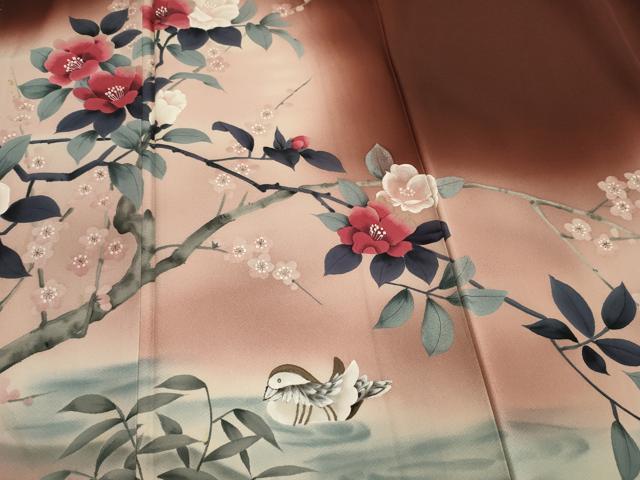 平和屋着物■訪問着　手描き　鴛鴦花文　暈し染め　金彩　正絹　逸品　DABE0082ya