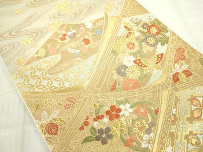 平和屋着物◎六通柄袋帯　唐織　古都　花蝶文　金糸　正絹　逸品　DABE0088ya