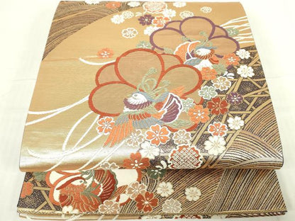 平和屋着物◎六通柄袋帯　唐織　鴛鴦花文　金糸　正絹　逸品　DABE0121ya