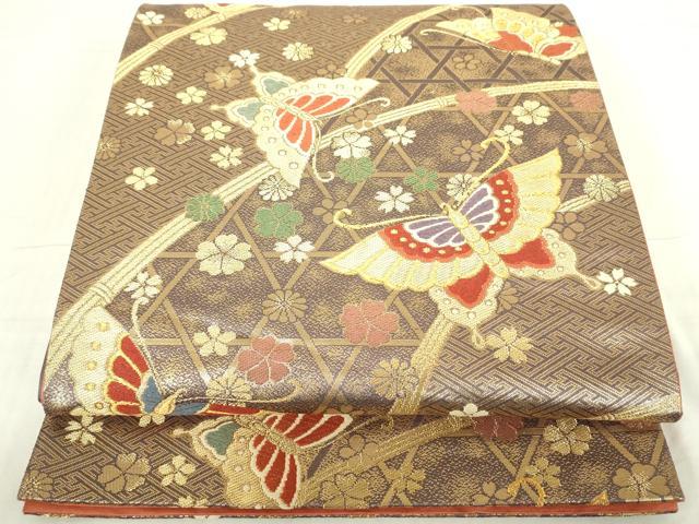 平和屋着物◎六通柄袋帯　唐織　花蝶文　金糸　正絹　逸品　DABE0123ya