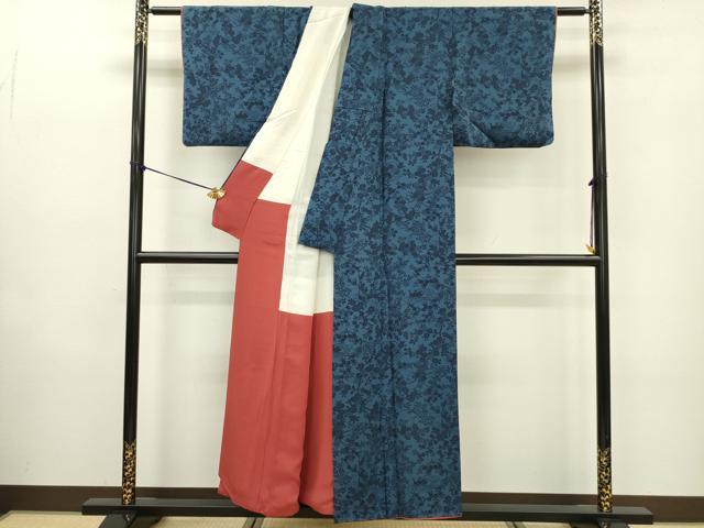 平和屋着物■上質な小紋 藍 型染め 花蝶文 正絹 逸品 DABE0142ya