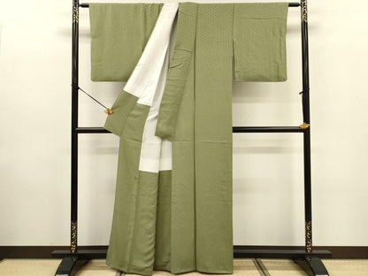 平和屋着物■上質な色無地　檜垣地紋　柳色　正絹　逸品　DABE0147ya
