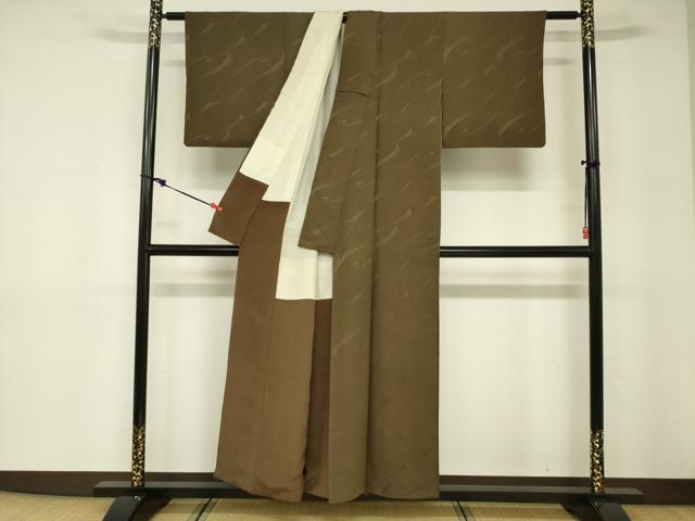 平和屋着物■上質な色無地　霞地紋　海松色　正絹　逸品　DABE0164ya