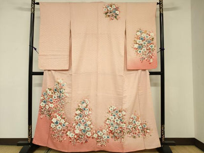 平和屋着物■小振袖　二尺袖　草花文　暈し染め　金彩　正絹　逸品　DABE0168ya