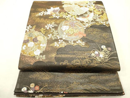 平和屋着物◎六通柄袋帯 花蝶文 金糸 正絹 逸品 DABE0191ya