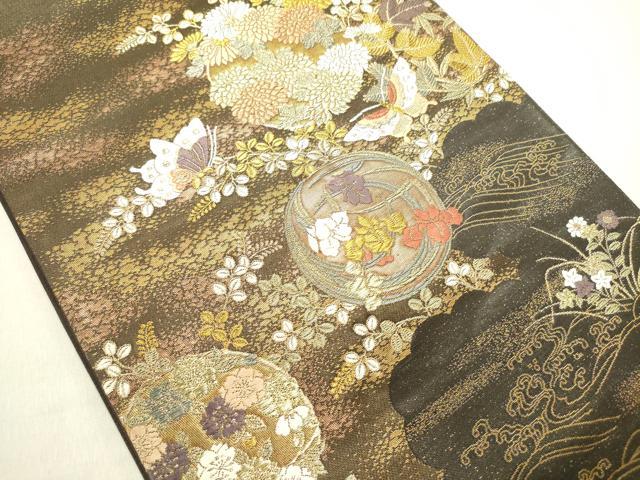 平和屋着物◎六通柄袋帯 花蝶文 金糸 正絹 逸品 DABE0191ya