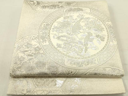 平和屋着物◎六通柄袋帯 絵皿花鳥文 銀糸 正絹 逸品 DABE0212ya