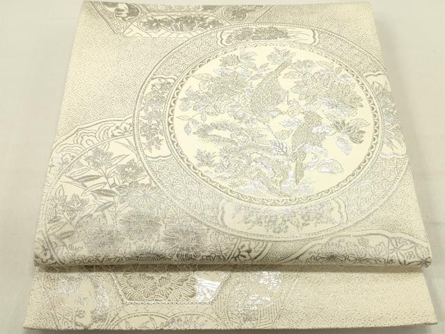 平和屋着物◎六通柄袋帯 絵皿花鳥文 銀糸 正絹 逸品 DABE0212ya
