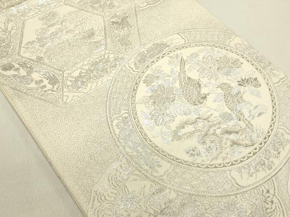 平和屋着物◎六通柄袋帯 絵皿花鳥文 銀糸 正絹 逸品 DABE0212ya
