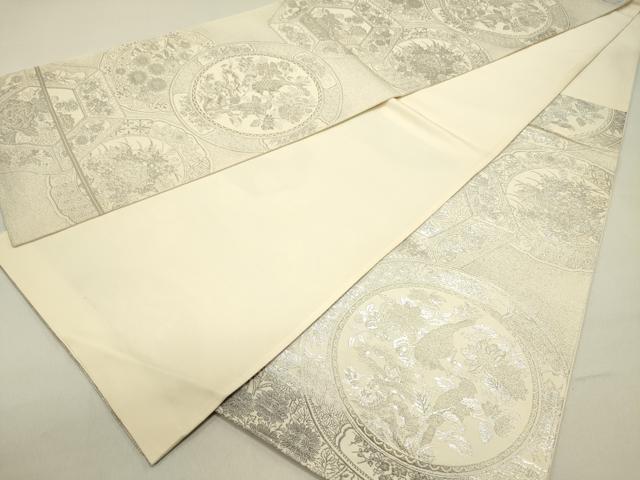 平和屋着物◎六通柄袋帯 絵皿花鳥文 銀糸 正絹 逸品 DABE0212ya