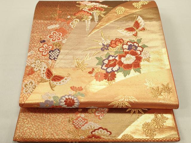 平和屋着物◎六通柄袋帯 唐織 花蝶文 金糸 正絹 逸品 DABE0215ya