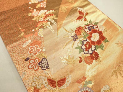 平和屋着物◎六通柄袋帯 唐織 花蝶文 金糸 正絹 逸品 DABE0215ya