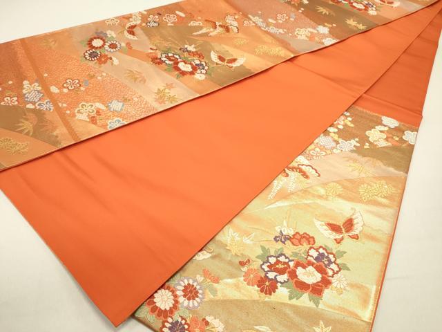 平和屋着物◎六通柄袋帯 唐織 花蝶文 金糸 正絹 逸品 DABE0215ya