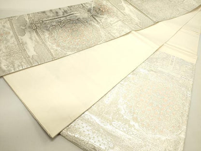 平和屋着物◎六通柄袋帯 天井花文 銀糸 正絹 逸品 DABE0220ya
