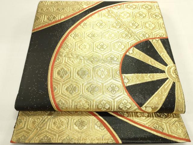 平和屋着物◎六通柄袋帯 片輪車花文 黒地 金糸 正絹 逸品 DABE0222ya