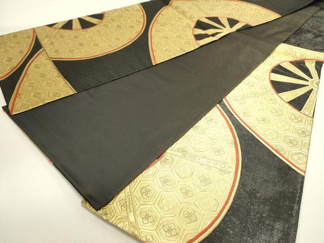 平和屋着物◎六通柄袋帯 片輪車花文 黒地 金糸 正絹 逸品 DABE0222ya