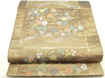 平和屋着物◎六通柄袋帯 流水花文 金銀糸 正絹 逸品 DABE0225ya