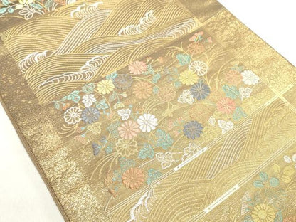 平和屋着物◎六通柄袋帯 流水花文 金銀糸 正絹 逸品 DABE0225ya