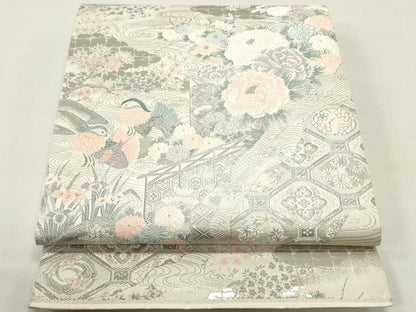 平和屋着物◎六通柄袋帯 唐織 王朝盛花文 九百プラチナ箔 正絹 逸品 DABE0231ya