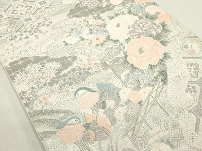 平和屋着物◎六通柄袋帯 唐織 王朝盛花文 九百プラチナ箔 正絹 逸品 DABE0231ya