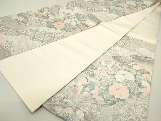 平和屋着物◎六通柄袋帯 唐織 王朝盛花文 九百プラチナ箔 正絹 逸品 DABE0231ya