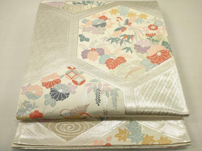 平和屋着物◎六通柄袋帯 亀甲花鳥文 銀糸 正絹 逸品 DABE0237ya