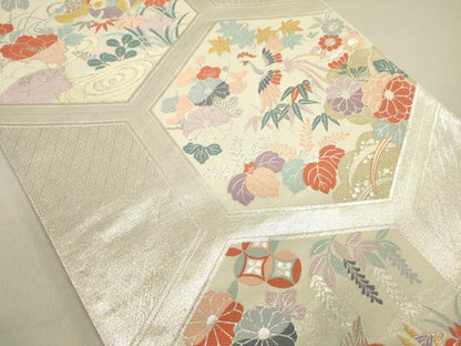 平和屋着物◎六通柄袋帯 亀甲花鳥文 銀糸 正絹 逸品 DABE0237ya