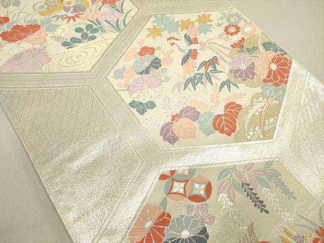 平和屋着物◎六通柄袋帯 亀甲花鳥文 銀糸 正絹 逸品 DABE0237ya