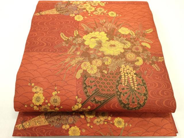 平和屋着物◎山喜織物謹製 萬葉 紹巴 全通柄袋帯 花車文 正絹 逸品 DABE0241ya