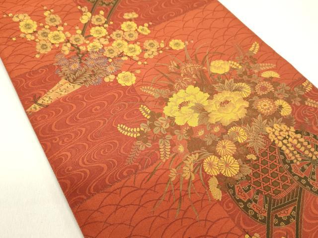 平和屋着物◎山喜織物謹製 萬葉 紹巴 全通柄袋帯 花車文 正絹 逸品 DABE0241ya