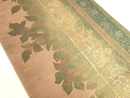 平和屋着物◎太鼓柄袋帯　紬地　草花間道　金彩　正絹　逸品　DABE0247ya