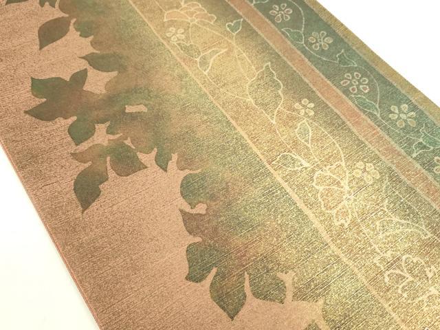 平和屋着物◎太鼓柄袋帯　紬地　草花間道　金彩　正絹　逸品　DABE0247ya