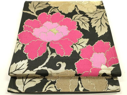 平和屋着物◎六通柄袋帯　唐織　花唐草文　黒地　金糸　正絹　逸品　DABE0252ya