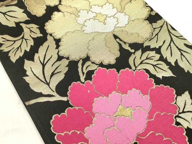 平和屋着物◎六通柄袋帯　唐織　花唐草文　黒地　金糸　正絹　逸品　DABE0252ya