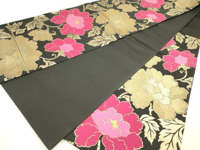 平和屋着物◎六通柄袋帯　唐織　花唐草文　黒地　金糸　正絹　逸品　DABE0252ya