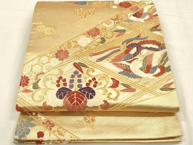 平和屋着物◎六通柄袋帯 唐織 鳳凰花蝶文 金糸 正絹 逸品 DABE0256ya