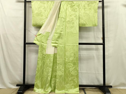 平和屋着物■上質な色無地　草花地紋　若苗色　正絹　逸品　DABE0260ya
