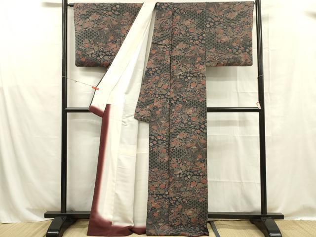 平和屋着物■上質な小紋　草花文　鬼しぼ縮緬　正絹　逸品　DABE0270ya