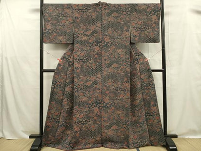 平和屋着物■上質な小紋　草花文　鬼しぼ縮緬　正絹　逸品　DABE0270ya