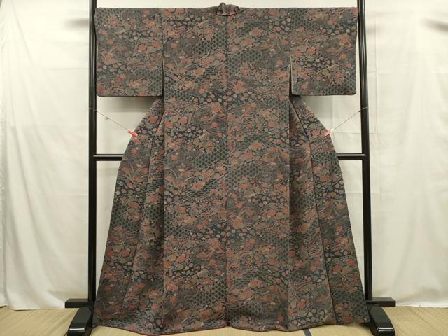 平和屋着物■上質な小紋　草花文　鬼しぼ縮緬　正絹　逸品　DABE0270ya