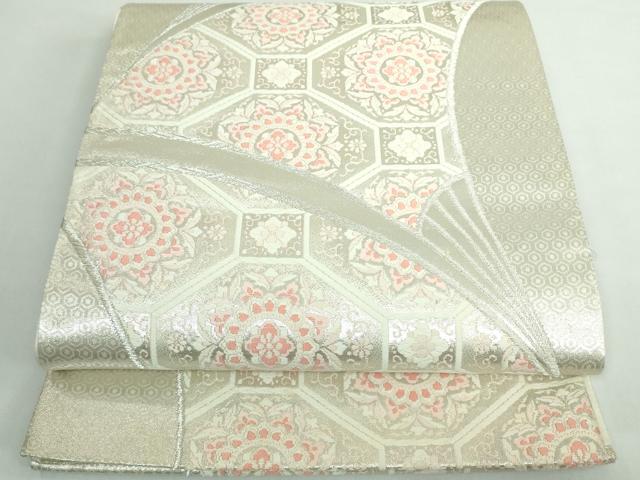 平和屋着物◎六通柄袋帯 蜀江花文 銀糸 正絹 逸品 DABE0348ya