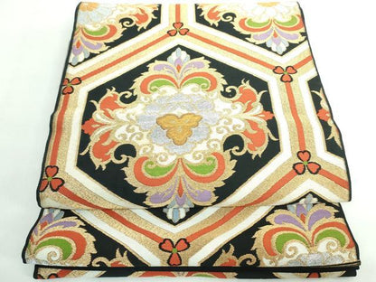 平和屋着物◎六通柄袋帯 亀甲花文 黒地 金銀糸 正絹 逸品 DABE0353ya