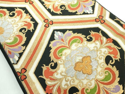 平和屋着物◎六通柄袋帯 亀甲花文 黒地 金銀糸 正絹 逸品 DABE0353ya